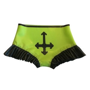 Frill Leg Latex Panties with Inverted Cross. Gothic Themed Knickers with Black Frilly Leg Line