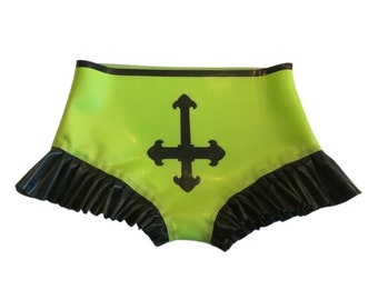 Frill Leg Latex Panties with Inverted Cross