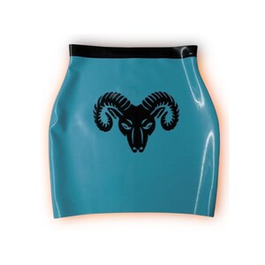 Latex Mini Skirt with Rams Head. Short Black Rubber with White Skull image 11