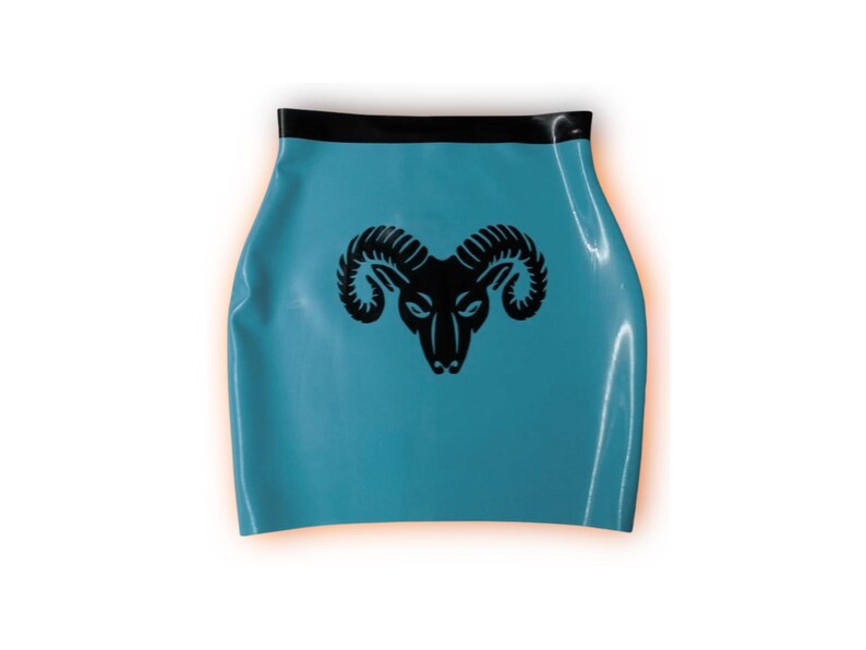 Latex Mini Skirt with Rams Head. Short Black Rubber with White Skull image 11