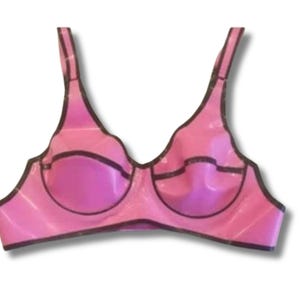 Latex Underwired Bra. Pink Bra with Black Trim Edging. Pin Up Style Lingerie