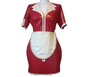 May include: A red and white latex dress with a white ruffled apron. The dress has a short sleeve and a v-neck.