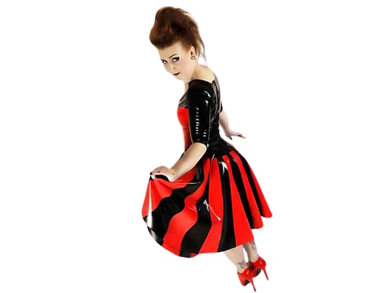 Long Latex Striped Swing Dress. Three Quarter Sleeve Fit and Flare Dress with Stripes