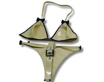 Latex Buckled Bikini Lingerie – Strappy Latex Set with Bow Tie Detail