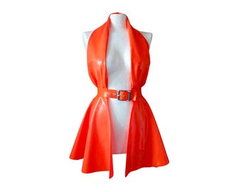Latex Open Front Belt Dress. Sleeveless Rubber Halter Neck with Silver Coloured Buckle