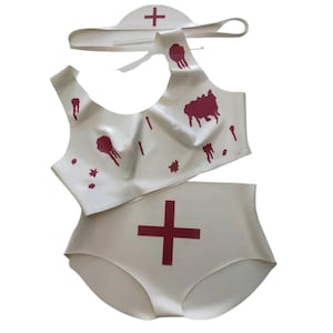 Latex Blood Splatter Nurse Lingerie. White Halloween Three Piece Set. Horror Themed Accessories