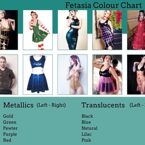 May include: A color chart for latex clothing featuring different colors and styles of latex garments. The chart is divided into two sections: Metallics and Translucents. The Metallics section includes gold, green, pewter, purple, and red. The Translucents section includes black, blue, natural, lilac, and pink.