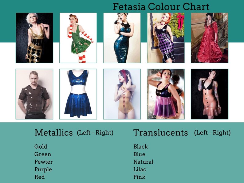 May include: A color chart for latex clothing featuring different colors and styles of latex garments. The chart is divided into two sections: Metallics and Translucents. The Metallics section includes gold, green, pewter, purple, and red. The Translucents section includes black, blue, natural, lilac, and pink.