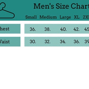 May include: A size chart for men's clothing, showing chest and waist measurements in inches for sizes small through 3XL.