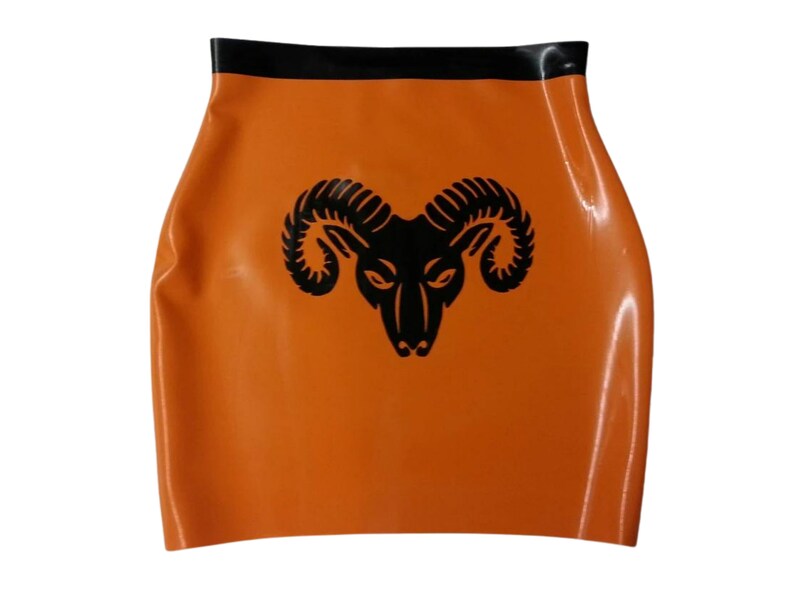 A short orange latex skirt with a black waistband and a black ram's head logo.