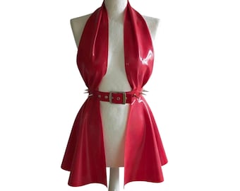 May include: A red latex halter top with a flared skirt and a silver studded belt.