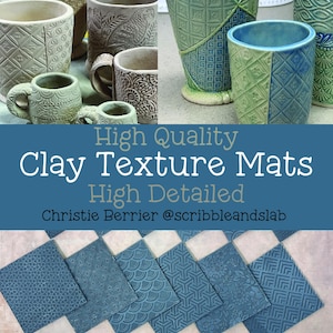May include: A collection of handmade ceramic mugs and vases with textured patterns. The image also shows several blue clay texture mats with various geometric and floral designs. Text on the image reads "High Quality Clay Texture Mats".