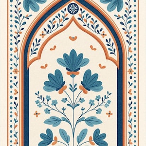 May include: A decorative illustration featuring a central floral design within an arched frame. The artwork uses a palette of blue, orange, and cream. The floral elements and border details create a symmetrical and ornate composition, suitable for wall art.