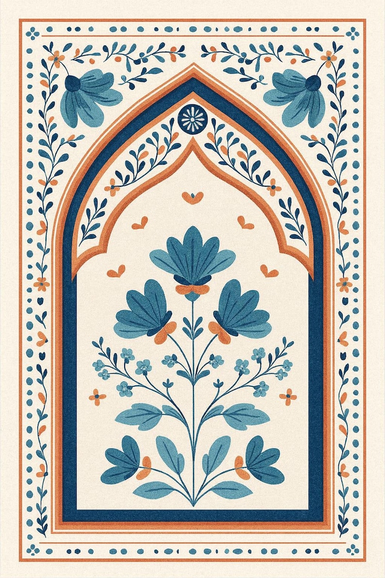 May include: A decorative illustration featuring a central floral design within an arched frame. The artwork uses a palette of blue, orange, and cream. The floral elements and border details create a symmetrical and ornate composition, suitable for wall art.