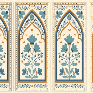 May include: A repeating pattern featuring four vertical panels with an off-white background. Each panel has a blue and gold arched design with stylized blue flowers and foliage. The design is framed with a dotted border.