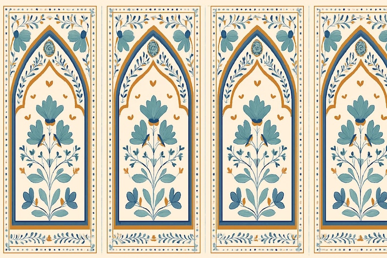 May include: A repeating pattern featuring four vertical panels with an off-white background. Each panel has a blue and gold arched design with stylized blue flowers and foliage. The design is framed with a dotted border.