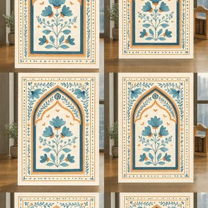 May include: Set of six rectangular wall art prints. Each print features a floral design with blue flowers and an arched frame in shades of blue and orange on a cream background. The prints are arranged in a grid pattern.