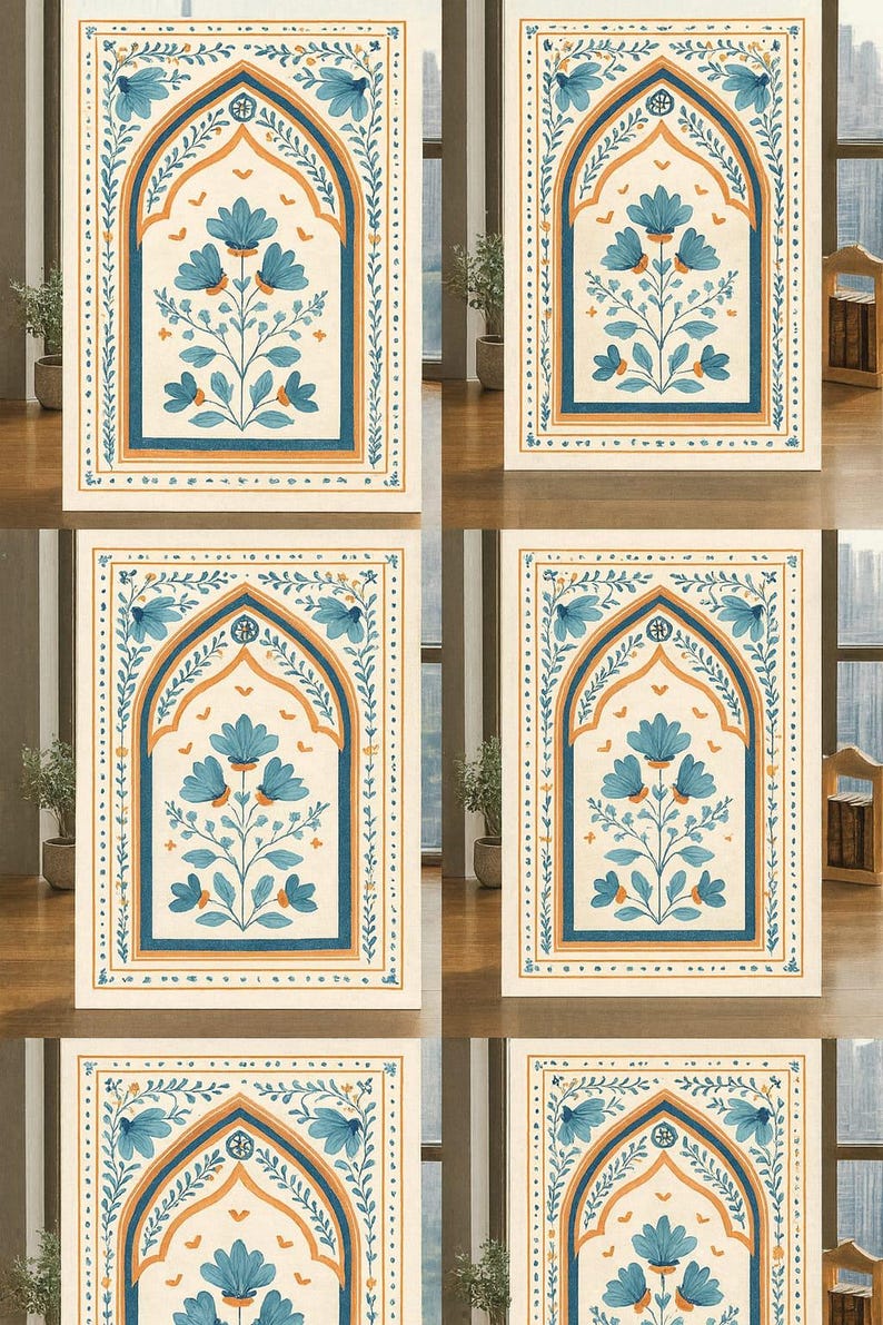 May include: Set of six rectangular wall art prints. Each print features a floral design with blue flowers and an arched frame in shades of blue and orange on a cream background. The prints are arranged in a grid pattern.