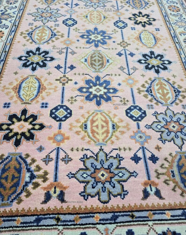 Pastel Pink Oushak Area Rug, 8x10 9x12 Living Room Rug, Geometric Soft ...