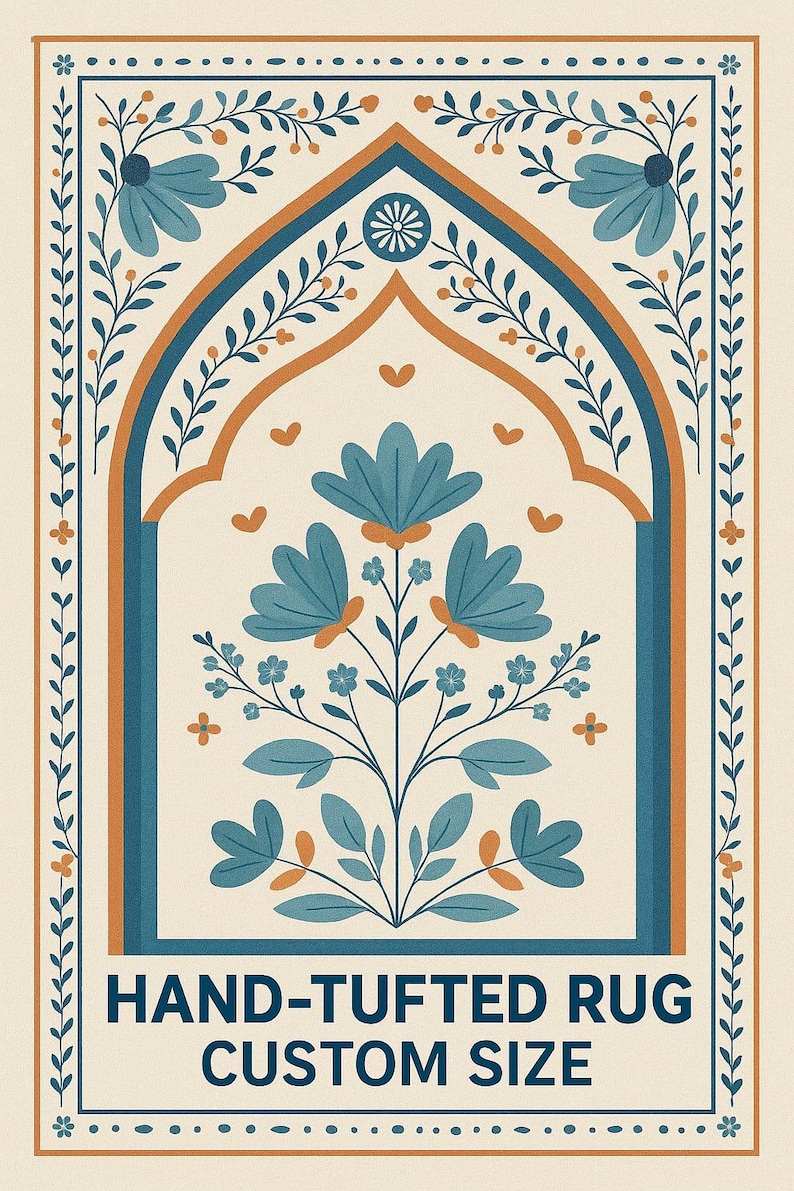 May include: A rectangular rug design with a central floral motif in teal and orange against an off-white background. The design features an arch shape with floral and leaf patterns, and the text "HAND-TUFTED RUG CUSTOM SIZE" at the bottom.
