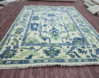Bohemian wool carpet Handwoven  Blue Green Geometric Kilim | Modern Tribal Flatweave Rug .
