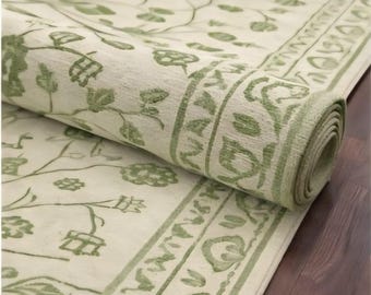 Handmade Light Green Floral Area Rug | Botanical Carpet, Custom Size