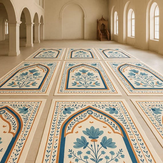 Hand-Tufted Prayer Rug: Islamic Arch Design, Blue Orange Cream