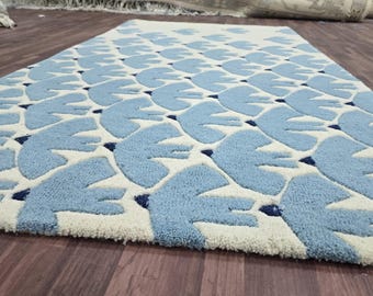 Blue Floral Tufted Wool Rug | Scandinavian Nursery Decor