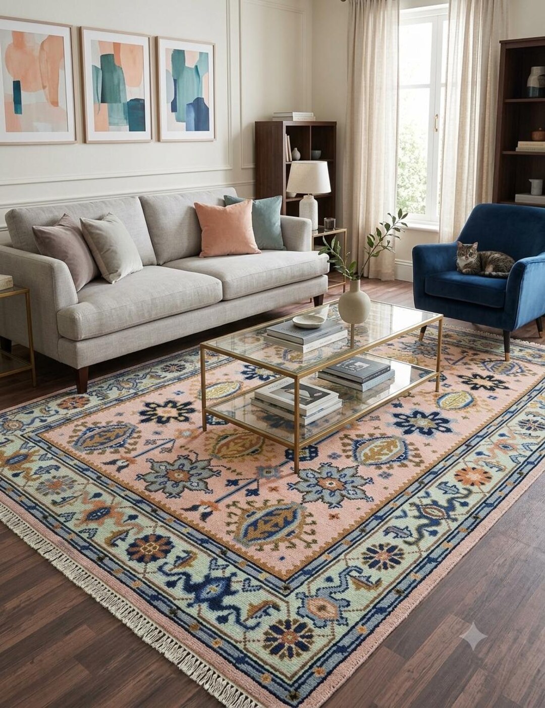 Pastel Pink Oushak Area Rug, 8x10 9x12 Living Room Rug, Geometric Soft ...