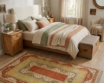 Vintage Turkish Style Area Rug | Muted Terracotta Sage Green | Transitional Oushak cut pile Rug