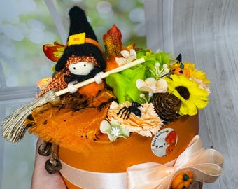 Halloween Flower Box with Witch Doll - Autumn Home Decor