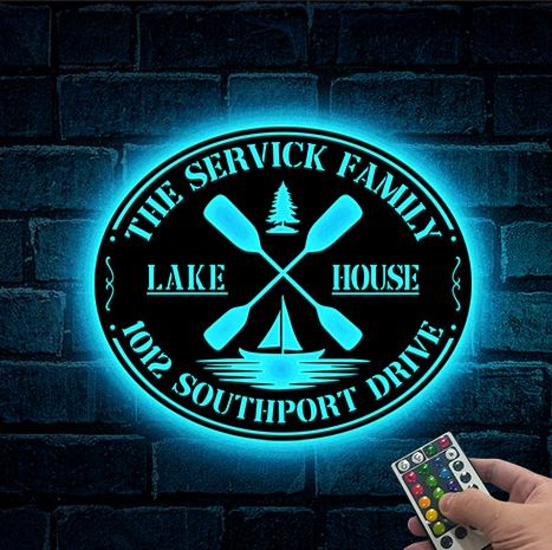 Personalized Lake House Metal Sign, LED Lights Custom Family Name Sign ...