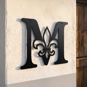 Letter M Wall Hanging, Fleur De Lis Metal Decor, Rustic Monogram Sign