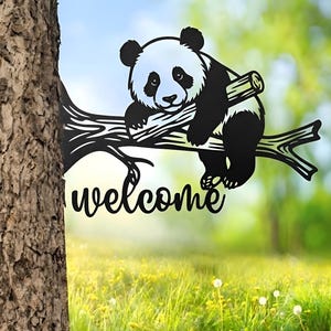 Panda Welcome Metal Sign, Cute Animal Yard Decor, Outdoor Tree Hanging Sign