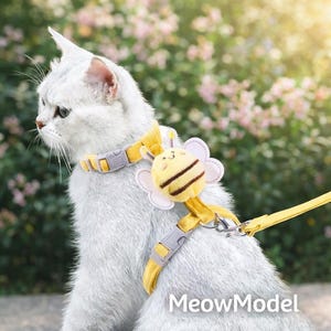 Può includere: Un'imbracatura gialla per gatti con una decorazione a forma di ape. L'imbracatura ha fibbie grigie e un guinzaglio abbinato. Il gatto è bianco con segni grigi. Il testo "MeowModel" è in basso nell'immagine.