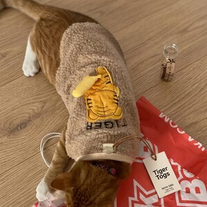Op de afbeelding: Een beige, getextureerd fleece vest voor huisdieren met een gele geborduurde tijgerpatch en het woord TIGER in het zwart gedrukt. Het vest heeft een wit label met de tekst Tiger Togs en ligt bij een klein glazen flesje en een rode tas.