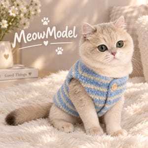 May include: A light-coloured cat wearing a blue and cream striped textured vest with a single button closure. The text MeowModel is visible above the cat, accompanied by small paw print icons and a heart symbol, set against a soft, plush surface.
