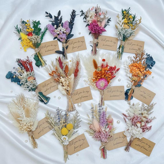 Mini Dried Flower Bouquet, Bridesmaid Proposal Gifts, Wedding Favor, Boho Home Decor, Will You Be My Bridesmaid Tag
