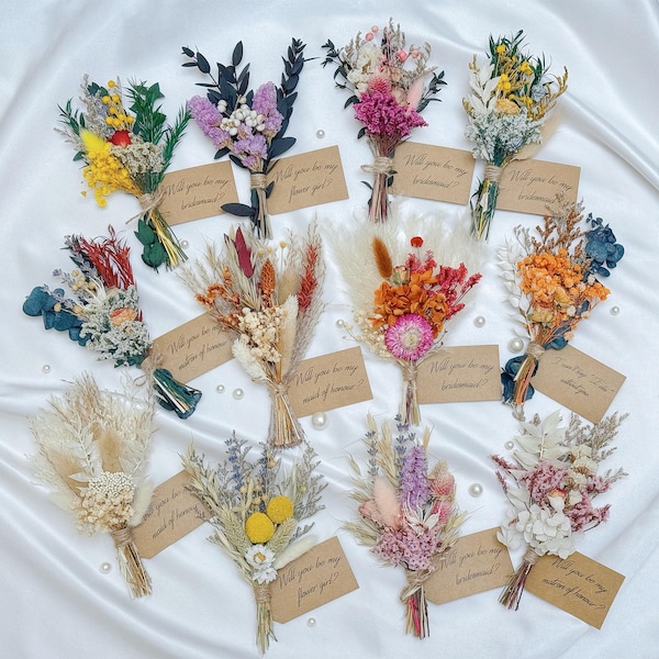Mini ramo de flores secas, regalos para proponer damas de honor, recuerdos de boda, decoraciones de boda, etiqueta "¿Quieres ser mi dama de honor?"