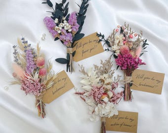 Mini ramo de flores secas, regalo para proponer damas de honor, decoración para bodas y el hogar, regalos para damas de honor.