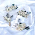 Boho White Dried Flower Bouquet Set, Eucalyptus Bridal Bouquet, Bridesmaid Bouquet, Boutonniere, Wrist Corsage, Hair Comb, Rustic Wedding product logo
