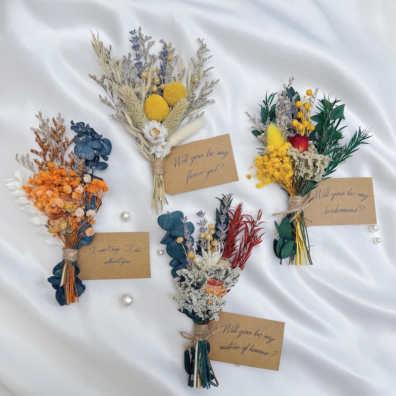 Miniaturowy bukiet z suszonych kwiatów, prezent na zaręczyny dla druhen, upominek ślubny, dekoracje ślubne, zawieszka z napisem „Czy zostaniesz moją druhną” zdjęcie 14