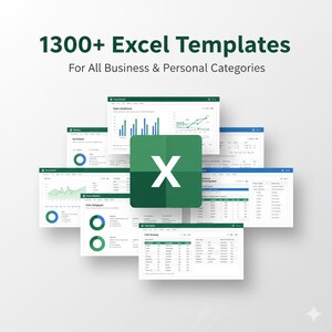 Może przedstawiać: Obraz przedstawiający różne szablony arkuszy kalkulacyjnych Excel. Obraz zawiera duże zielone logo Excel z białym znakiem „X” pośrodku, otoczone kilkoma otwartymi przykładami arkuszy kalkulacyjnych. Tekst u góry brzmi „1300+ Excel Templates” i „For All Business & Personal Categories.”
