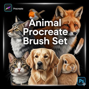 Op de afbeelding: Digitale kunstset met een verscheidenheid aan dieren, waaronder een vos, een vogel, een hond, een kat en een konijn. De tekst "Animal Procreate Brush Set" is prominent weergegeven. De afbeelding heeft een zwarte achtergrond met een Procreate- en Photoshop-logo.