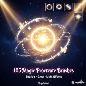 May include: Digital art featuring a glowing orb held in a hand, surrounded by butterflies and sparkling trails. The image includes the text "105 Magic Procreate Brushes" with the words "Sparkle, Glow, Light Effects" below. The background is a dark blue starry sky.