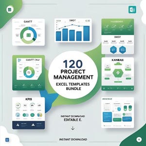 May include: A collection of project management Excel templates. The image features various charts and graphs, including Gantt charts, SWOT analysis, and dashboards. The central text reads "120 Project Management Excel Templates Bundle."