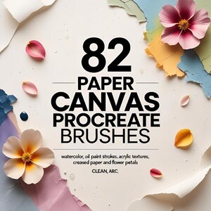 May include: An image featuring the text "82 PAPER CANVAS PROCREATE BRUSHES" in a bold, black font. The image includes watercolor, oil paint strokes, acrylic textures, creased paper, and flower petals. The color palette includes white, pink, yellow, and blue.