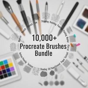 May include: An image showcasing a Procreate brushes bundle, with a variety of brush types and textures. The text "10,000+ Procreate Brushes Bundle" is prominently displayed. The brushes are arranged around the text, demonstrating different styles such as sketch and shading.