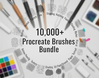 May include: A bundle of Procreate brushes is displayed, featuring various brush types and textures. The image includes text that reads "10,000+ Procreate Brushes Bundle." The brushes are arranged around the text, showcasing different styles like sketch, ink, and shading.
