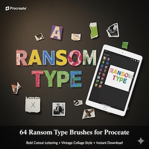 以下が含まれることがあります： カラフルな切り抜き文字で「RANSOM TYPE」と書かれた画像。同じテキストが表示されたタブレットも含まれています。背景は暗く、紙の切れ端が散らばっており、「64 Ransom Type Brushes for Procreate」というテキストがあります。